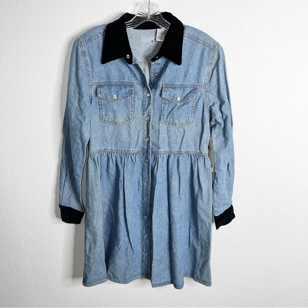 Scarlett Chambray Dress Women’s Size 12 Western Velvet Trim Pearl Snap Rodeo EE